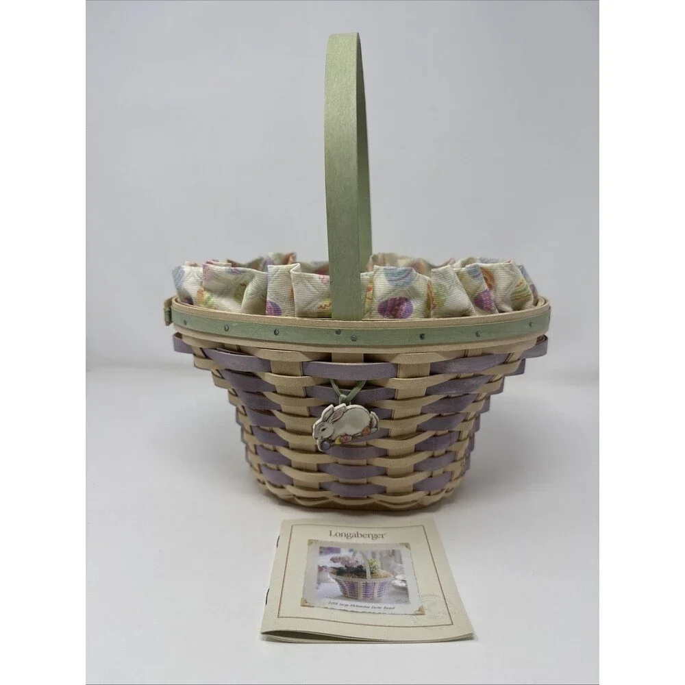 Longaberger 2004 Whitewash Easter Basket + Protector Set, Liner, Bunny Tie On